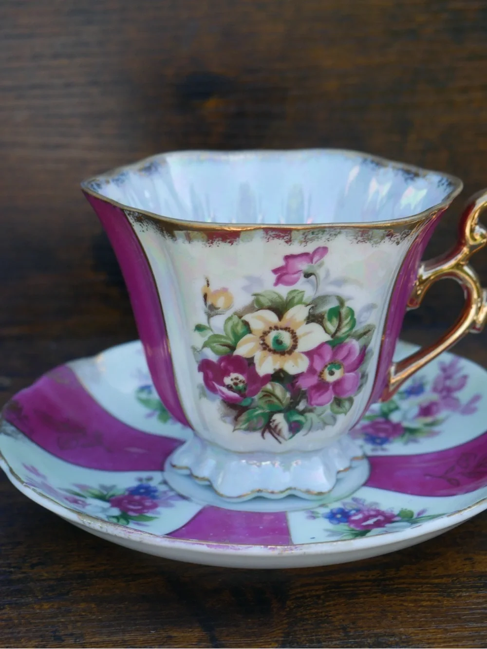 Floral Tea Cup & Saucer Set in Pink and White with Gold Trim